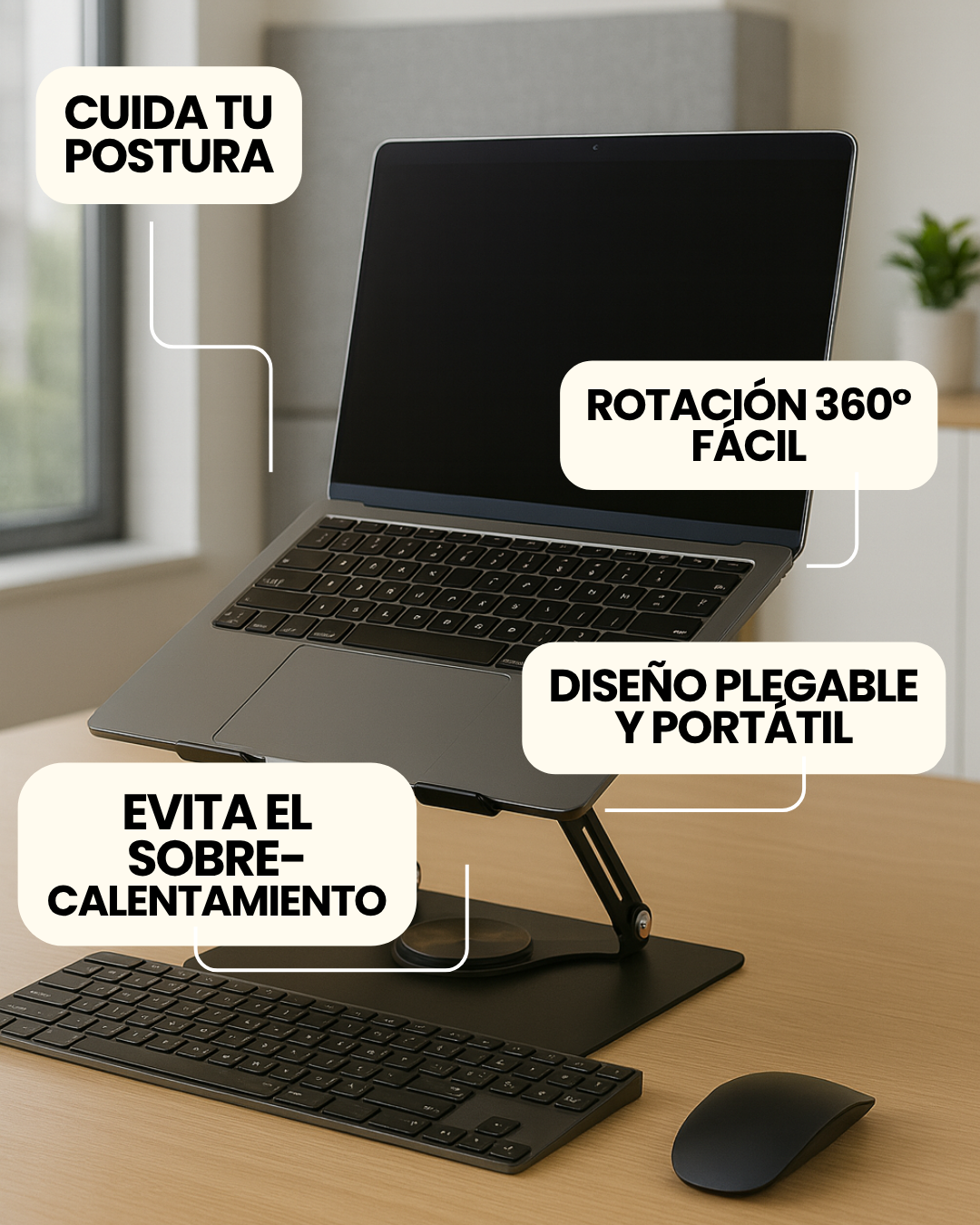 Diseño Ergonómico de Aluminio, Rotación Total y Refrigeración Activa