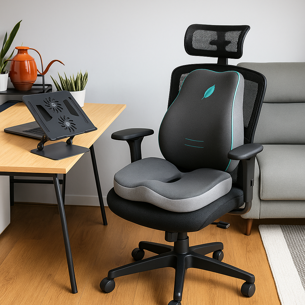 PACK SOPORTE PARA LAPTOP GIRATORIO PREMIUM +  COJIN DE ASIENTO + COJIN LUMBAR